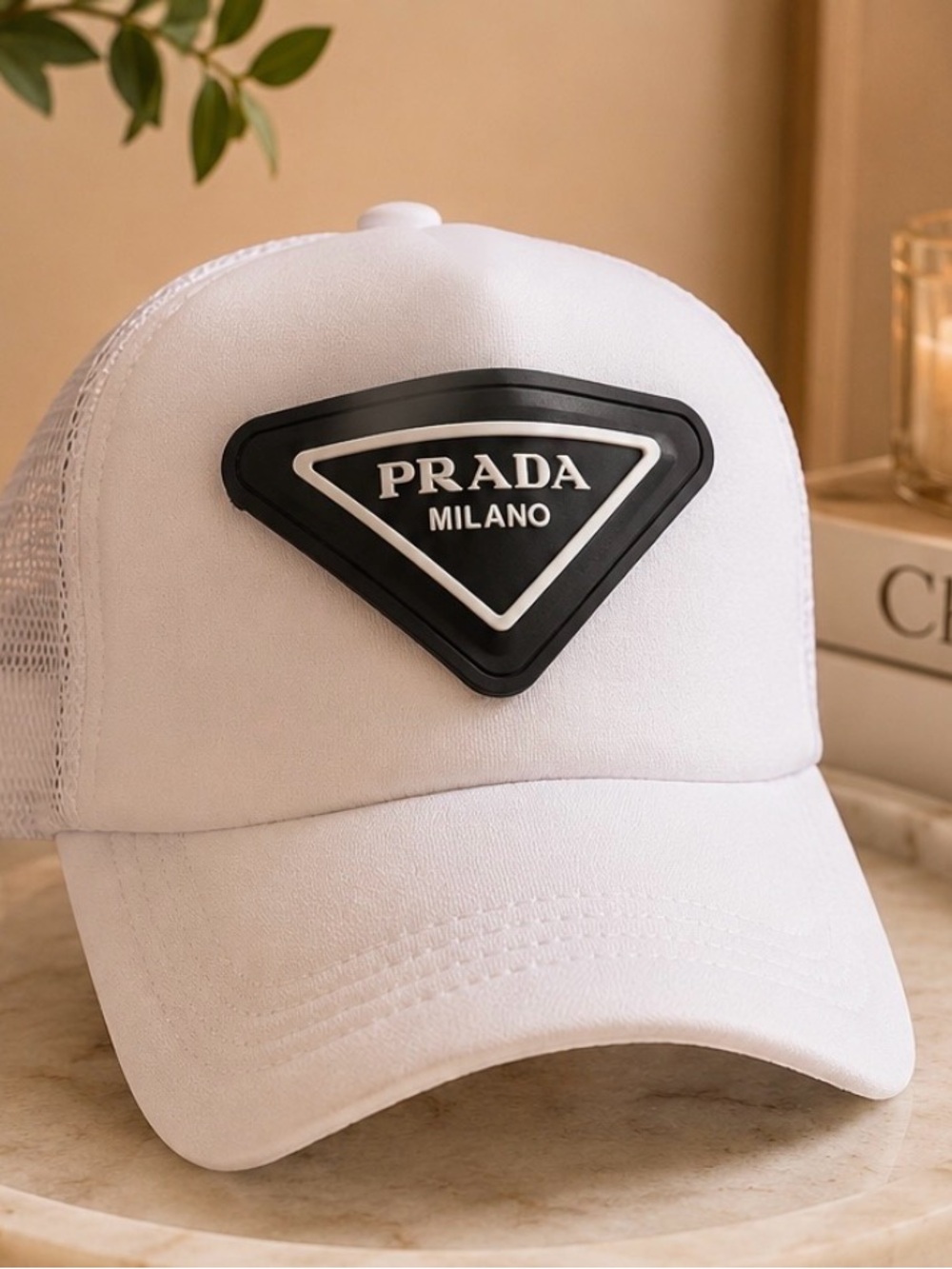 Hot White Mesh Baseball Cap with Black Triangle Patch - brand new